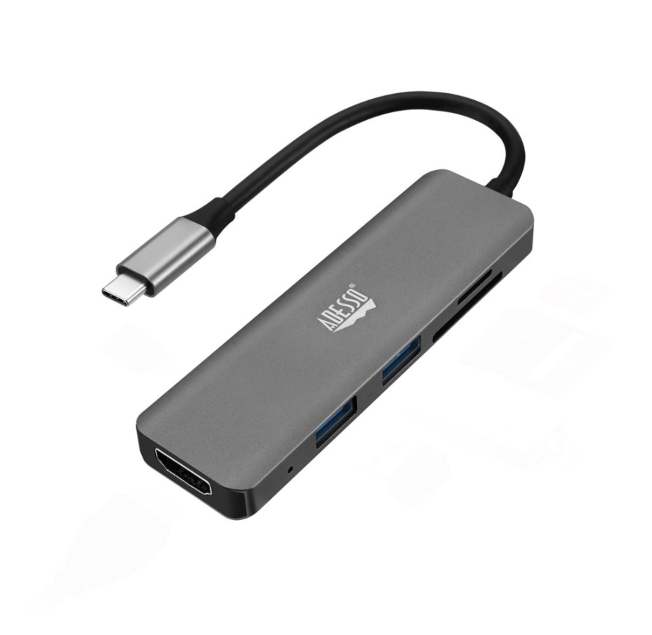 Adesso Docking Station USB-C 6-in-1 4K HDMI 1 USB-C 2 USB-A 3.0 + Power Delivery 2x Card Reader TAA Compliant PC/Mac/Android - Grey